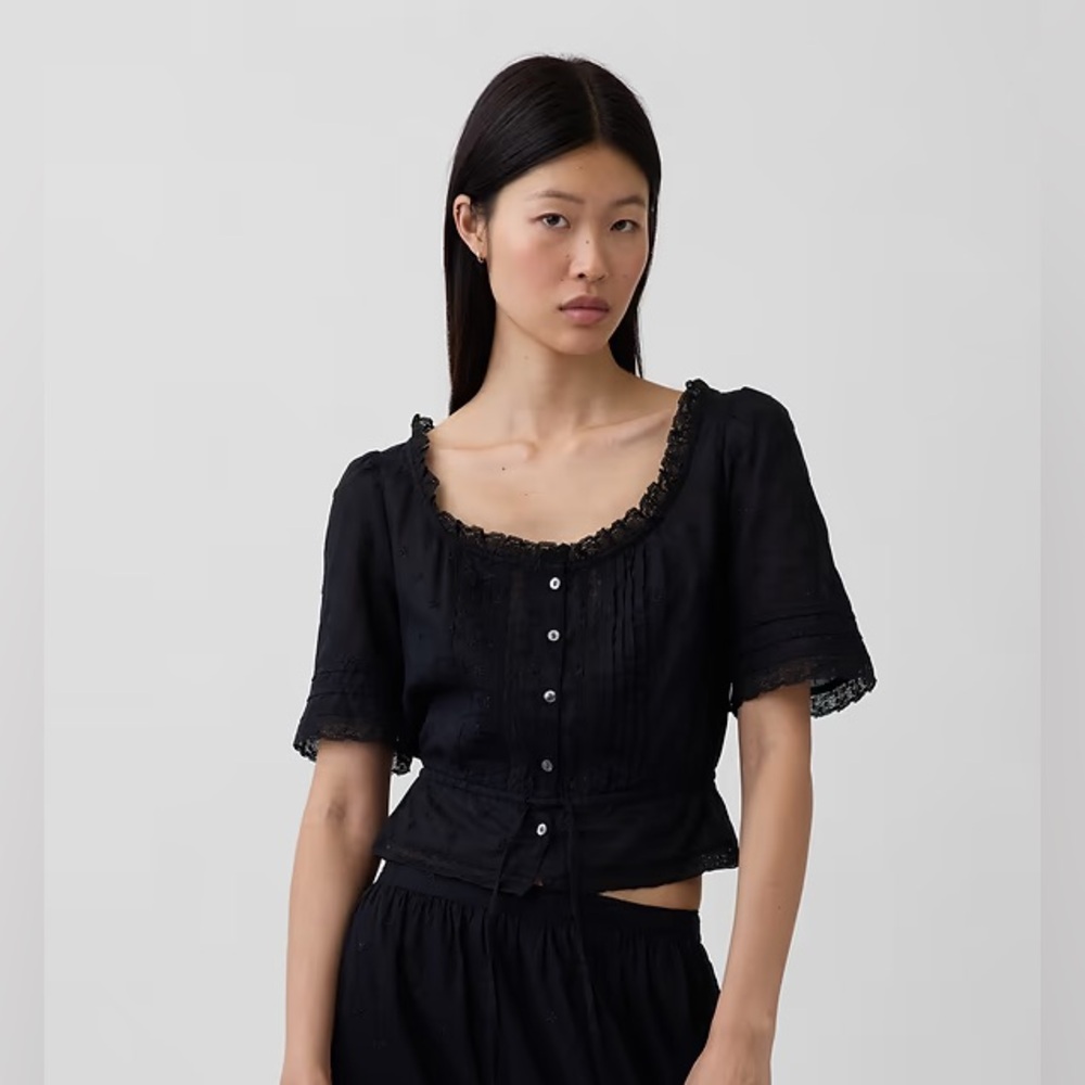 GAP Black Lace-Trim Button Front Blouse
